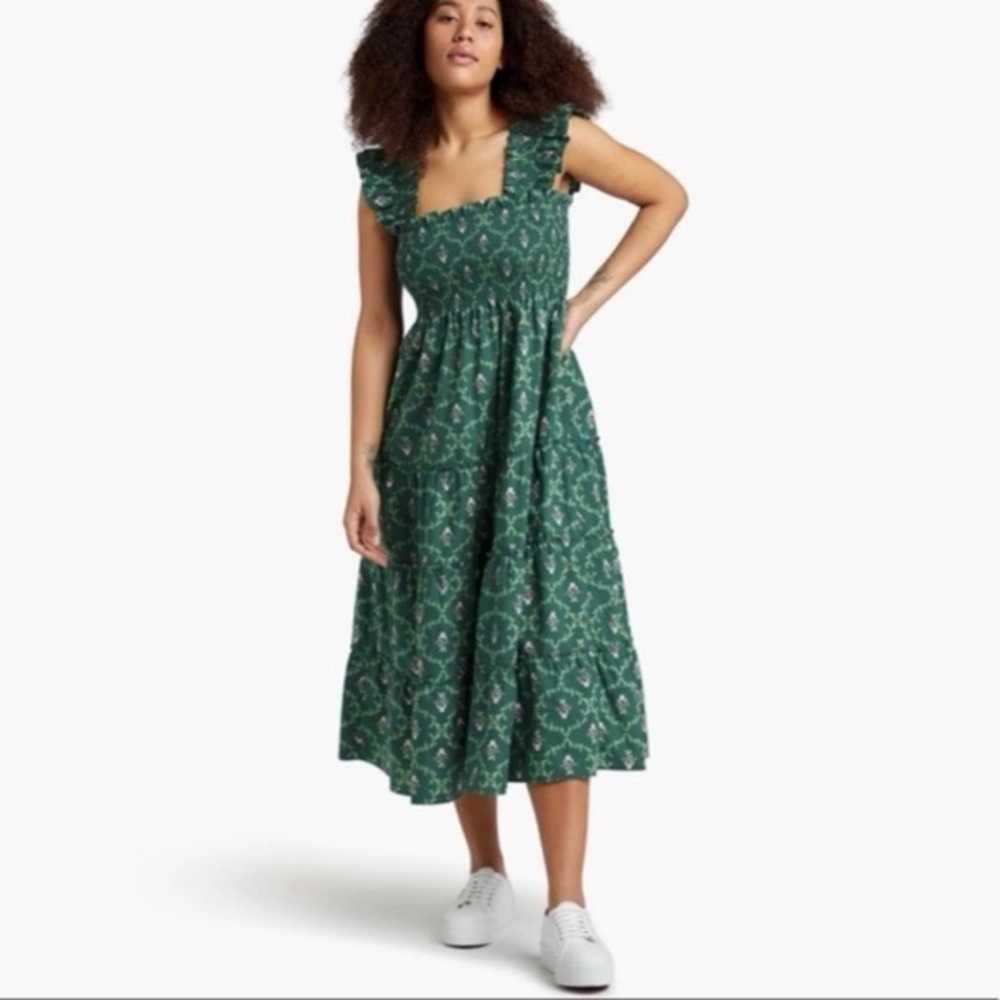 Hill House Green Floral Ruffle-Shoulder Midi Dress